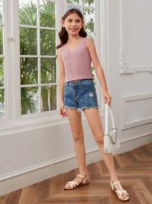 SHEIN Chicas Top unicolor tejido de canalé - Rosa vieja - Ver 4