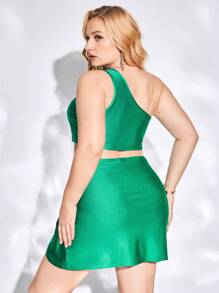 evoluSHEIN X Anitta Plus One Shoulder Crop Top & Twist Front Skirt - Green - View 2