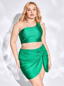 evoluSHEIN X Anitta Plus One Shoulder Crop Top & Twist Front Skirt - Green - View 3