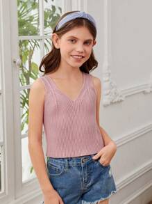 SHEIN Chicas Top unicolor tejido de canalé - Rosa vieja - Ver 6