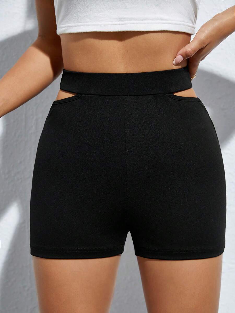 SHEIN PETITE Cut Out Waist Shorts - Black - View 1