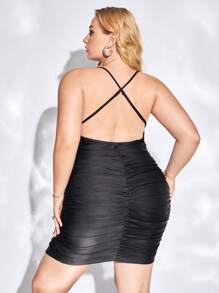 evoluSHEIN X Anitta Đầm Plus Size Lộ Lưng Chuỗi Hội Chữ thập Vắt Pha lê kim cương Xù màu trơn Gợi cảm - màu đen - Xem 2