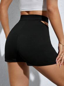 SHEIN PETITE Cut Out Waist Shorts - Black - View 2