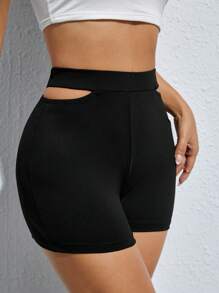 SHEIN PETITE Cut Out Waist Shorts - Black - View 3