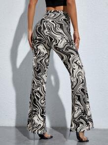 SHEIN PETITE Marble Print Flare Leg Trousers - Black and White - View 2