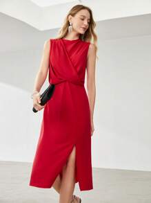 MOTF PREMIUM DRAPED FITTED MIDI DRESS - Red - View 5