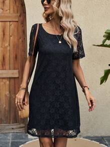 SHEIN LUNE Vestido túnico unicolor con encaje - Negro - Ver 1