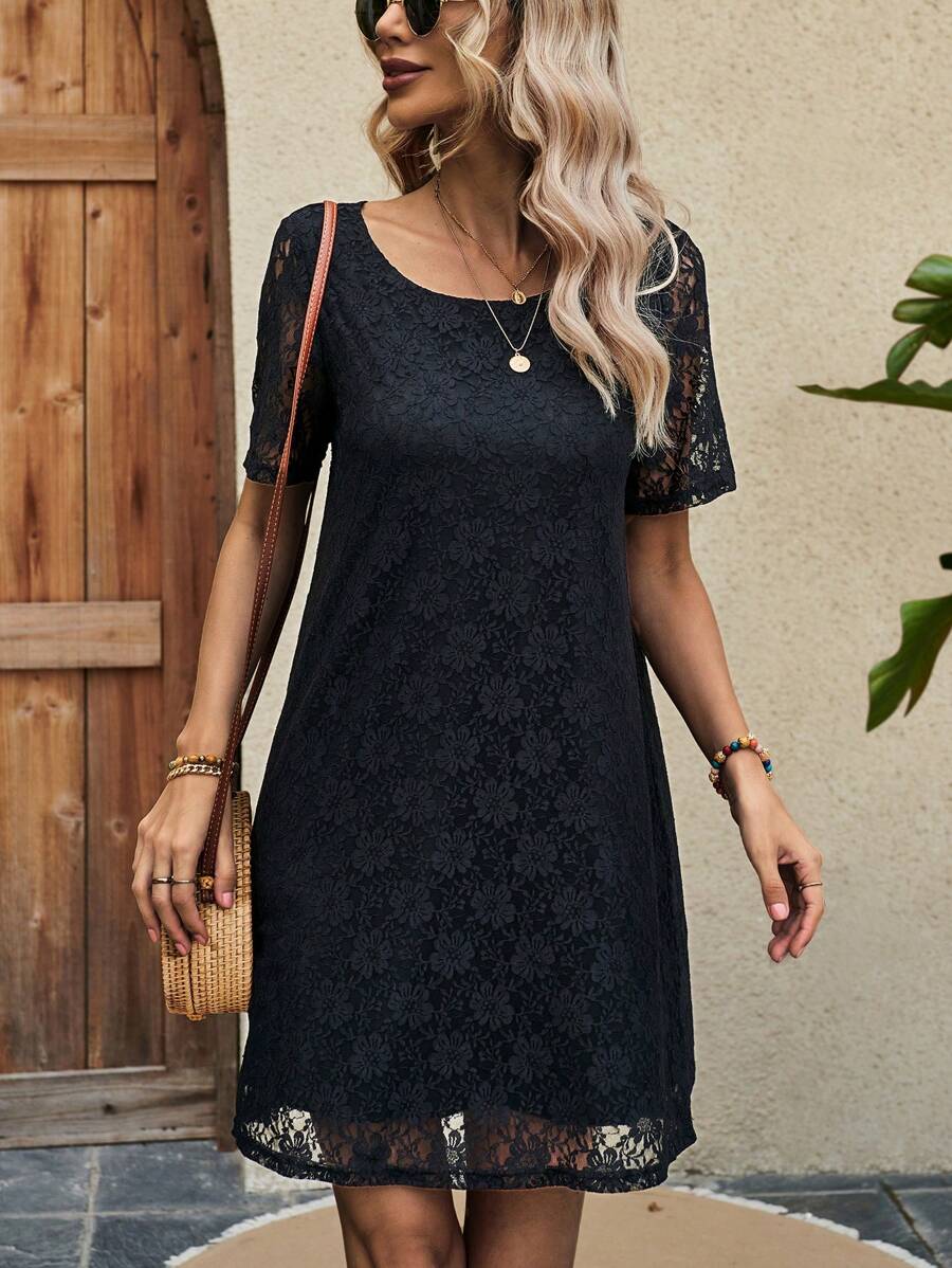 SHEIN LUNE Vestido túnico unicolor con encaje - Negro - Ver 1