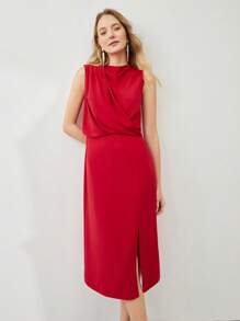 MOTF PREMIUM DRAPED FITTED MIDI DRESS - Red - View 9