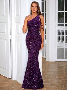 LOVE&LEMONADE Đầm dự tiệc sang trọng cổ bẻ đuôi cá đính sequin thanh lịch cho tiệc cưới, tốt nghiệp, tiệc tối - Màu tím  Violet - Xem 3