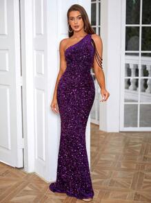 LOVE&LEMONADE Đầm dự tiệc sang trọng cổ bẻ đuôi cá đính sequin thanh lịch cho tiệc cưới, tốt nghiệp, tiệc tối - Màu tím  Violet - Xem 5