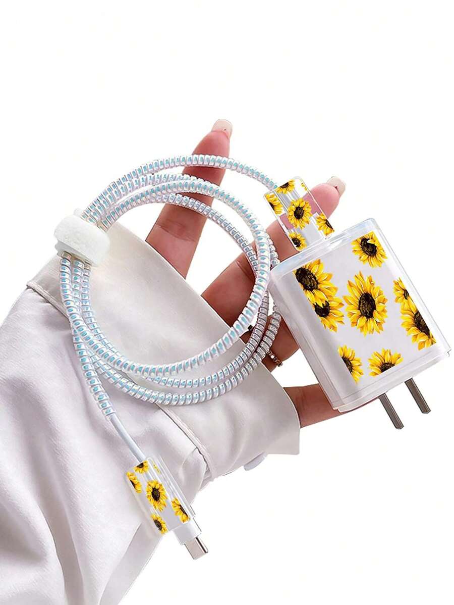 5 cái Bộ bảo vệ cáp dữ liệu và đầu sạc họa tiết hoa hướng dương - Nhiều màu - Xem 1