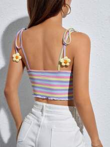 SHEIN PETITE 條紋印花貼花肩上打結吊帶上衣 - 彩色 - 查看 2