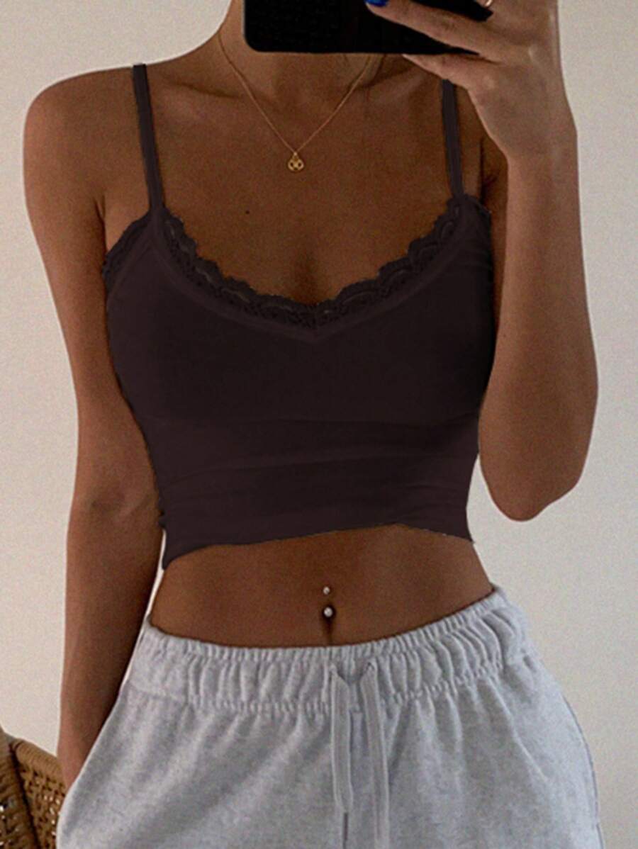 DAZY Lace Trim Crop Cami Top - Chocolate Brown - View 1