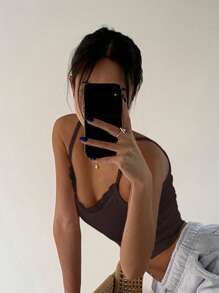 DAZY Lace Trim Crop Cami Top - Chocolate Brown - View 2