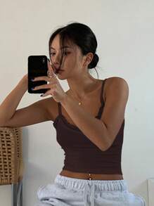 DAZY Lace Trim Crop Cami Top - Chocolate Brown - View 3