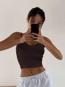 DAZY Lace Trim Crop Cami Top - Chocolate Brown - View 4