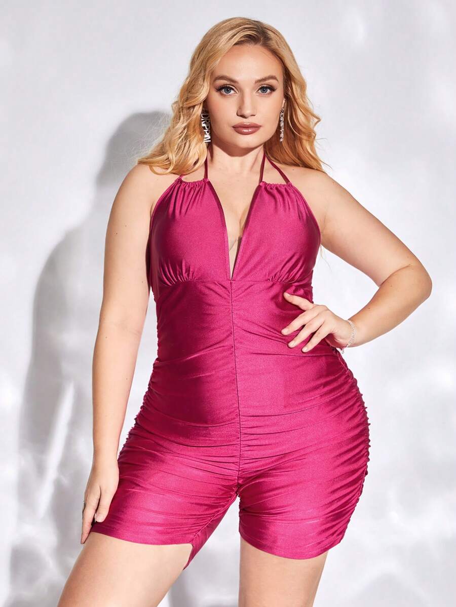 evoluSHEIN X Anitta Plus Ruched Tie Backless Halter Romper - Hot Pink - View 1
