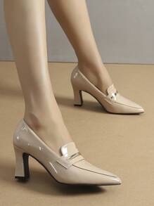 Women Minimalist Loafers, Artificial Patent Leather Point Toe Chunky Heeled Elegant Pumps