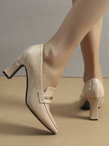 Women Minimalist Loafers, Artificial Patent Leather Point Toe Chunky Heeled Elegant Pumps