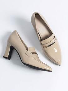 Women Minimalist Loafers, Artificial Patent Leather Point Toe Chunky Heeled Elegant Pumps
