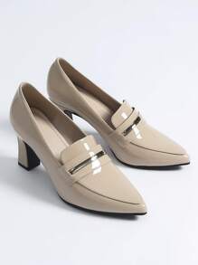 Women Minimalist Loafers, Artificial Patent Leather Point Toe Chunky Heeled Elegant Pumps