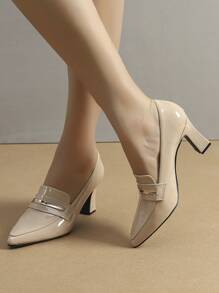Women Minimalist Loafers, Artificial Patent Leather Point Toe Chunky Heeled Elegant Pumps