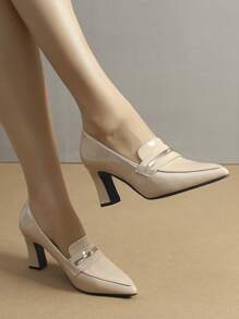 Women Minimalist Loafers, Artificial Patent Leather Point Toe Chunky Heeled Elegant Pumps