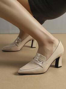 Women Minimalist Loafers, Artificial Patent Leather Point Toe Chunky Heeled Elegant Pumps
