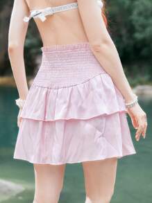 ROMWE Fairycore Solid Shirred Ruffle Hem Skirt - Baby Pink - View 2