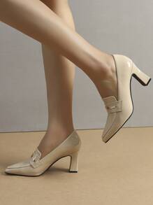 Women Minimalist Loafers, Artificial Patent Leather Point Toe Chunky Heeled Elegant Pumps