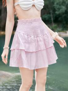 ROMWE Fairycore Solid Shirred Ruffle Hem Skirt - Baby Pink - View 3