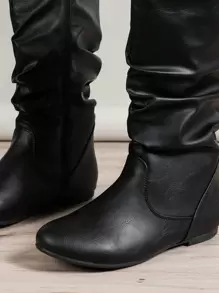 秋冬黑色褶皱侧拉链圆头舒适百搭休闲/办公/通勤中筒靴，时尚平底女靴 - 黑色 - 查看 6