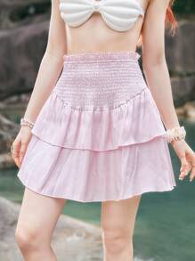 ROMWE Fairycore Solid Shirred Ruffle Hem Skirt - Baby Pink - View 5