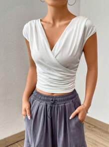 SHEIN EZwear Solid Ruched Side Wrap Detail Crop Tee - White - View 1