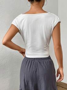 SHEIN EZwear Solid Ruched Side Wrap Detail Crop Tee - White - View 2