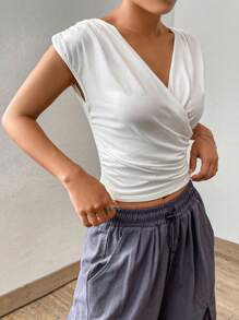 SHEIN EZwear Solid Ruched Side Wrap Detail Crop Tee - White - View 3