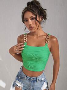 SHEIN BAE Áo khoác và áo lót dành cho xe tăng nữ Chuỗi Xù màu trơn Giải trí - màu xanh lá - Xem 6