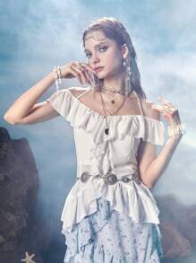 ROMWE Fairycore Nàng tiên cá Solid Ruffle Trim Off Shoulder Ruffle Hem Blouse - trắng - Xem 1