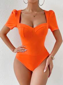 Chiquease 雞心領口泡泡袖露肩連體衣 - 橘色 - 查看 3