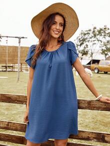 EMERY ROSE Solid Petal Sleeve Tunic Dress - Blue - View 2