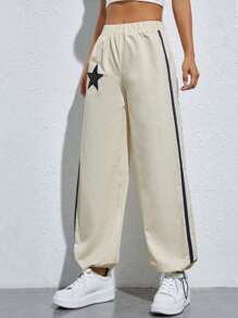 SHEIN PETITE 星星補丁貼拼接側邊接縫長褲 - 米色 - 查看 5