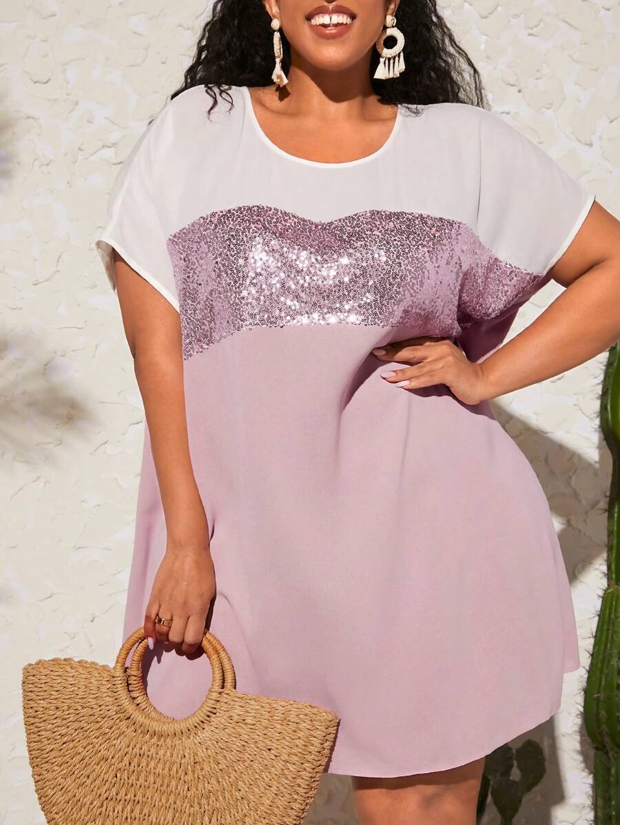 SHEIN CURVE+ Đầm Plus Size ghép mộng kim sa Khối Màu Giải trí - Màu Hồng baby - Xem 1