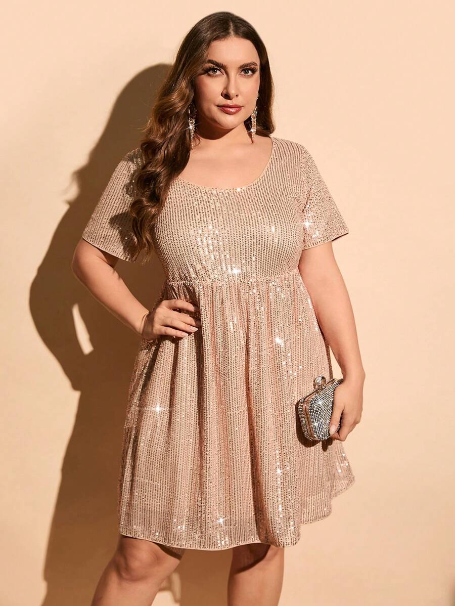 SHEIN Clasi 大碼大圓領亮片洋裝 - 香檳色 - 查看 1
