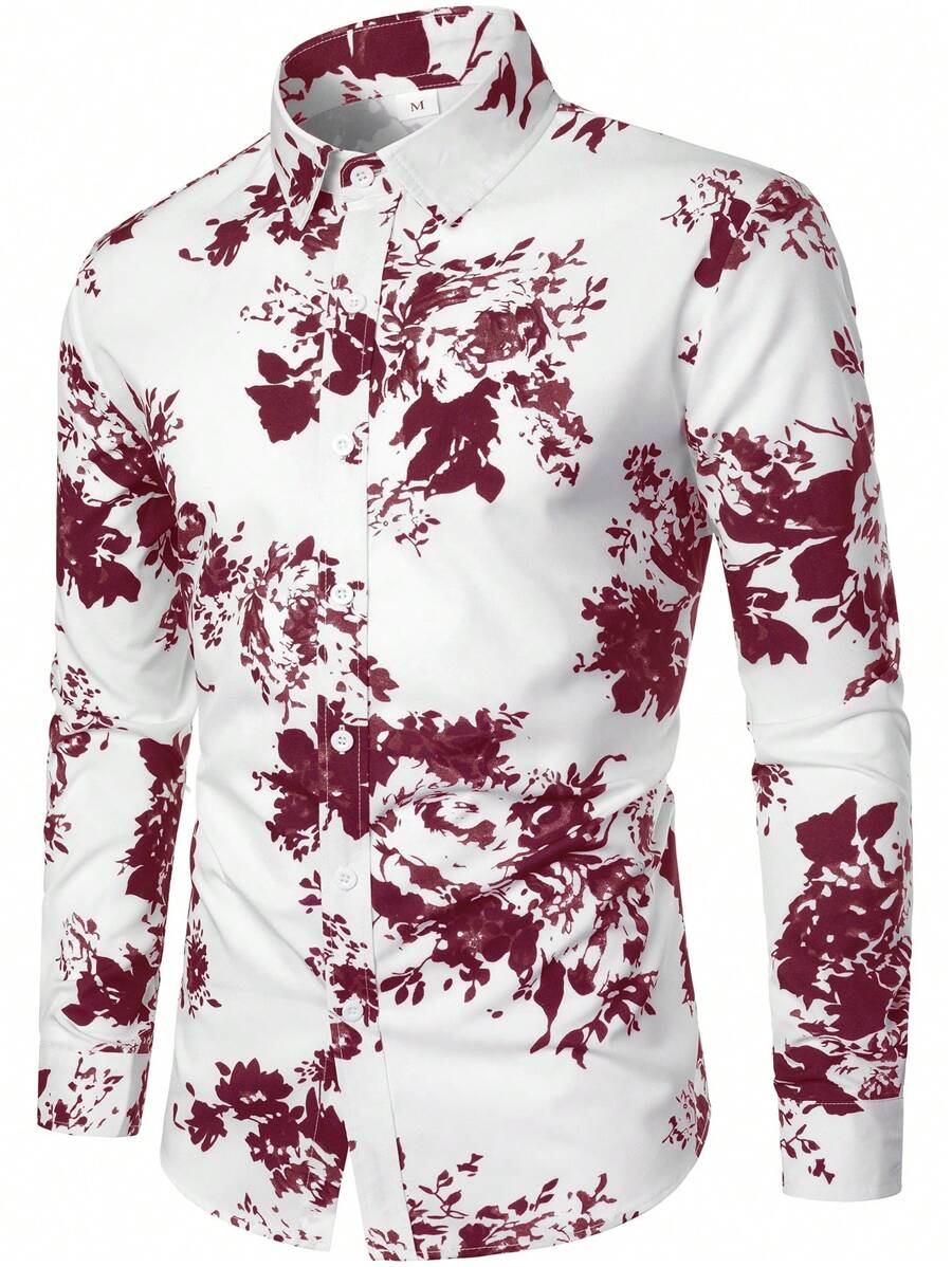 男士印花前排扣襯衫 - 紅白色 - 查看 1