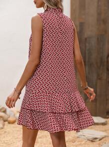 Breezaya 滿版印花繫帶領荷葉邊洋裝