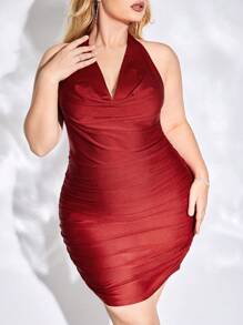 evoluSHEIN X Anitta 大碼垂領露背褶邊吊脖緊身連衣裙 - 酒紅色 - 查看 5
