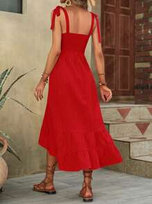 SHEIN VCAY 花卉刺繡肩上打結高低下擺吊帶洋裝