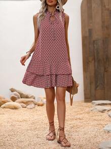 Breezaya 滿版印花繫帶領荷葉邊洋裝