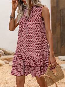 Breezaya 滿版印花繫帶領荷葉邊洋裝